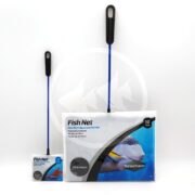 Two aquarium fish nets with black handles and blue stems, one small and one large, displayed next to their packaging which shows images of fish and the Seachem brand name.