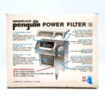 A box for the Marineland Penguin Power Filter 160. The box features a diagram of the filter, product features, and text highlighting benefits like self-priming, high-quality cartridge, and no leaks or fumbling with a separate motor.
