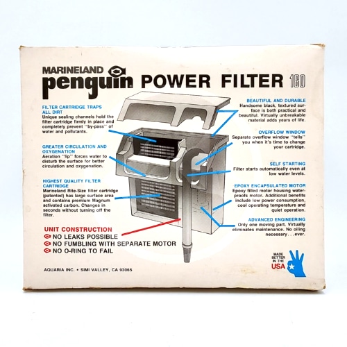 A box for the Marineland Penguin Power Filter 160. The box features a diagram of the filter, product features, and text highlighting benefits like self-priming, high-quality cartridge, and no leaks or fumbling with a separate motor.