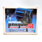 A box for the Marineland Penguin Power Filter 160, featuring an image of the filter and illustrations of penguins. Text highlights filter features, UL certification, and states its made in the USA.