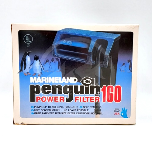 A box for the Marineland Penguin Power Filter 160, featuring an image of the filter and illustrations of penguins. Text highlights filter features, UL certification, and states its made in the USA.