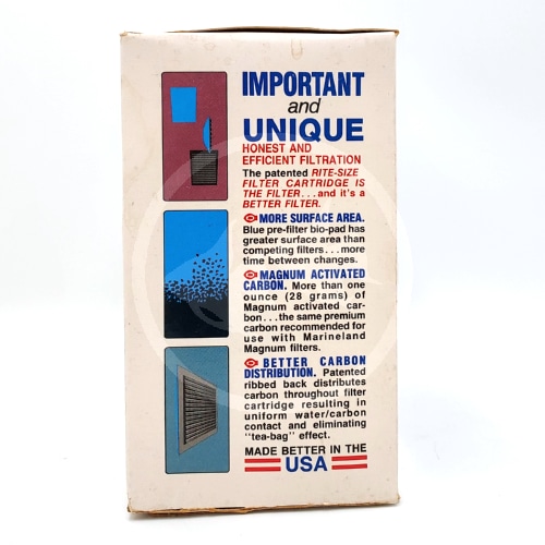 The image shows the side of a product box highlighting its filtration features with three labeled illustrations and text emphasizing more surface area, use of Magnum activated carbon, and better carbon distribution.
