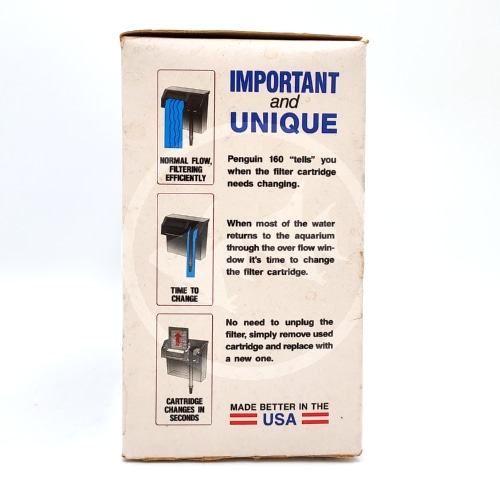 Box side with text and graphics explaining filter cartridge changes for an aquarium filter. Includes three labeled images showing normal flow, time to change, and easy cartridge replacement. Text notes product is made in the USA.