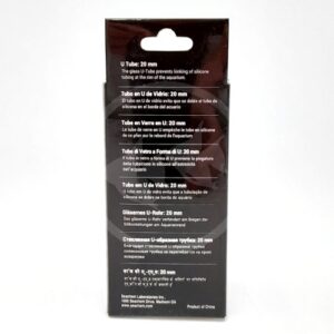 Back of a black product box with multilingual descriptions for a U Tube: 20 mm, explaining it prevents kinking of silicone tubing at the rim of an aquarium. The manufacturers address is at the bottom.