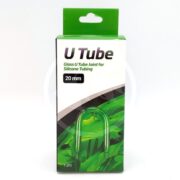 A green and white box labeled U Tube contains a glass U tube joint for silicone tubing, 20 mm size. The box features an image of the U-shaped glass tube over a leafy green background.