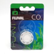 The FLUVAL CERAMIC CO2 DIFFUSER DISC 3.1 OZ is presented in sleek packaging with a vibrant blue and green background featuring plant imagery. A clear window reveals the elegant, white circular diffuser inside, highlighting its functionality.