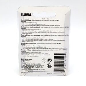 Back view of white packaging with FLUVAL at the top, featuring multilingual text about the FLUVAL CERAMIC CO2 DIFFUSER DISC 3.1 oz. The package includes a barcode and product code #17549 at the bottom.