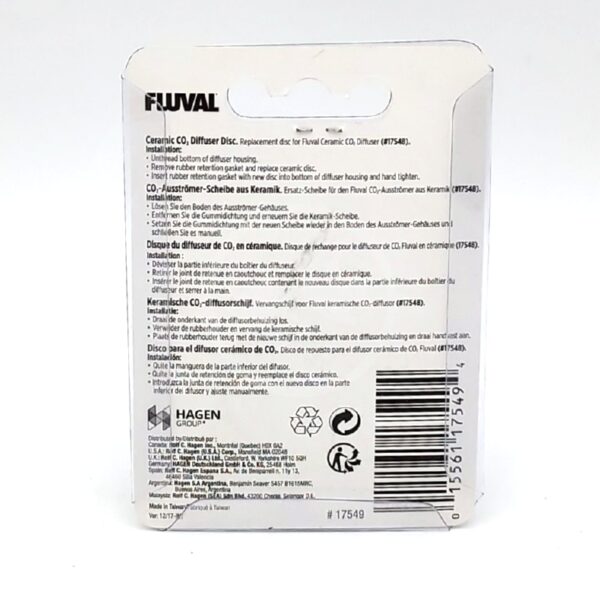 Back view of white packaging with FLUVAL at the top, featuring multilingual text about the FLUVAL CERAMIC CO2 DIFFUSER DISC 3.1 oz. The package includes a barcode and product code #17549 at the bottom.