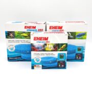 Three boxes of EHEIM CLASSIC COARSE BLUE FILTER PAD 2 PK serve aquarium models 250, 350, and 600, featuring vibrant fish images alongside the efficient filters.