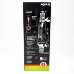 Box showing AQUAEL aquarium heater with diagram and numbered features, including temperature indicator, adjustment dial, and ceramic heating element. Icons highlight safety, precision, and a 2-year warranty at the bottom.