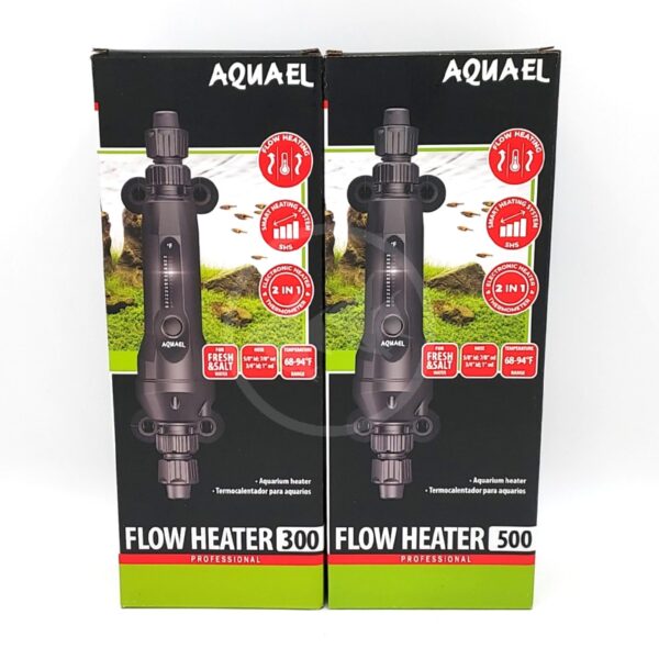 Two boxes of Aquael Flow Heater Professional aquarium heaters (models 300 and 500) with product images, features, and temperature ranges displayed on the front of the packaging.