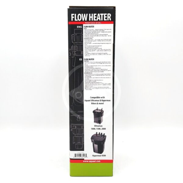 A rectangular product box for a Flow Heater Professional with text in English and Spanish, a compatibility list, and black-and-white images of aquarium filter canisters on a white background.