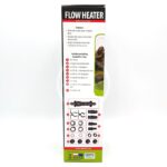 Product box for an Aquael Flow Heater, displaying features, included items, and component images for aquarium use. The box is mostly white with red, green, and black text and diagrams.