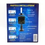 The AQUARIUM SOLUTIONS BACTO-SURGE SPONGE FILTER packaging displays installation steps and images of an air pump, power head, top filter, and canister. Text details the extension pipe, bio-sponge, and mini bacto-surge sponge filter. Company contact information is included for your aquarium solutions needs.
