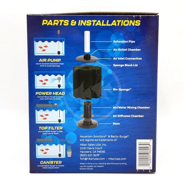 The AQUARIUM SOLUTIONS BACTO-SURGE SPONGE FILTER packaging displays installation steps and images of an air pump, power head, top filter, and canister. Text details the extension pipe, bio-sponge, and mini bacto-surge sponge filter. Company contact information is included for your aquarium solutions needs.