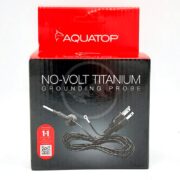 A black and red box of AQUATOP No-Volt Titanium Grounding Probe, showing the probe and cord on the front. The packaging advertises an 11-year extended warranty.