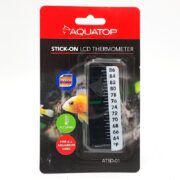 Packaging for an Aquatop Stick-On LCD Thermometer, showing the thermometer strip inside. The package has a red and black design, a fish image, and features like Stick On and Accurate highlighted.