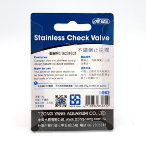 Back packaging of an OISTA Stainless Check Valve, showing product information, features, instructions, a barcode, and company details in English and Chinese.