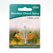 A package labeled Stainless Check Valve for a professional aquarium system, showing a stainless steel valve and an image of two fish swimming among aquatic plants. The package includes text in English and Chinese.