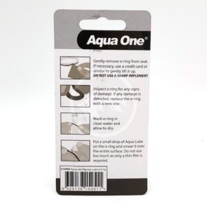 Back of Aqua One product packaging with instructions and illustrations for using silicone lubricant on o-rings, including steps for removal, inspection, washing, and applying the lubricant.