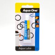 Aqua One Aqua Lube in a yellow and blue tube, packaged on a card with black O-rings and product information. The package highlights its use for aquarium equipment and fish care.