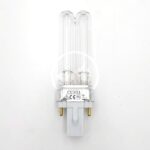 A compact fluorescent light bulb with two clear glass tubes, a white plastic base, and two brass prongs for connection, photographed on a plain white background.