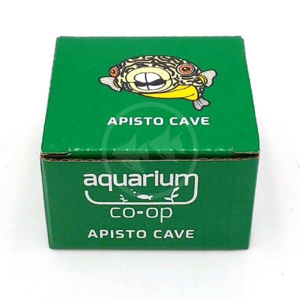 A green box labeled APISTO CAVE with a cartoon fish illustration on top. The front reads aquarium co-op APISTO CAVE with small fish graphics underneath the text.