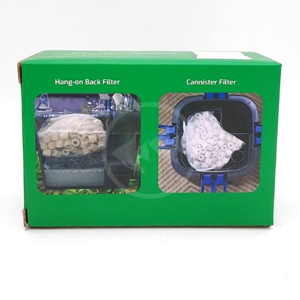 Green product box showing two images: one labeled Hang-on Back Filter with filter media and foam, and another labeled Cannister Filter displaying round white filter media inside a blue container.
