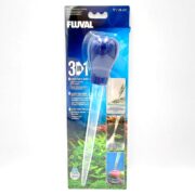 A packaged Fluval 3-in-1 tool for aquariums, featuring a clear plastic tube with a blue bulb on top. The packaging displays product information and photos demonstrating its uses in aquatic plant care.
