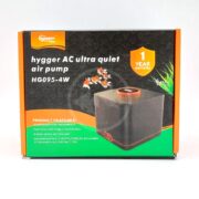 A box of the hygger AC ultra quiet air pump, model HG095-4W, featuring images of fish, product highlights, and a 1 year warranty badge on a black and orange background.