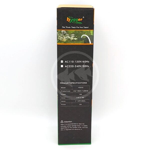 A black rectangular box standing upright, labeled hygger at the top with green, orange, and white text. The side lists product specifications and electrical information for an aquarium device.