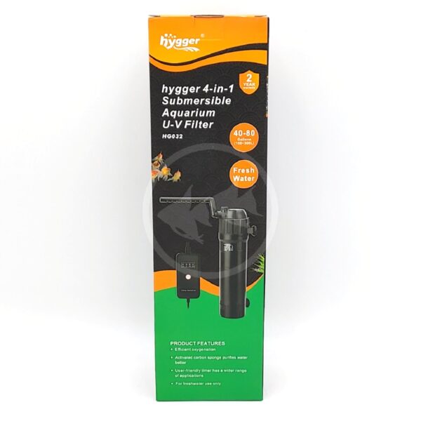 A box of Hygger 4-in-1 Submersible Aquarium U-V Filter for 40-80 gallon tanks. The box is orange and green, showing images of fish, the filter device, and key features. Suitable for freshwater use.