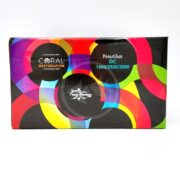 A rectangular box with colorful overlapping circles on a black background, labeled Nautilus DC 1600/2500/3200 and logos for Coral Restoration Foundation and Reef Breeders.