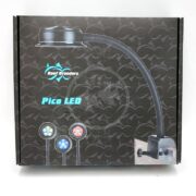 A box for the Reef Breeders Pico LED aquarium light, showing a picture of the flexible lamp, its clamp attachment, and three LED color options on a patterned black background.