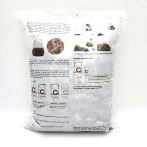 A clear plastic bag filled with brown, round substrate material, labeled Controsoil, with text and diagrams on the back describing its features and usage for aquariums.