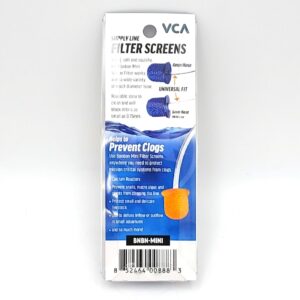 The image shows packaging for VCA Supply Line Filter Screens, featuring two blue filter screens for 4mm and 6mm hoses. The label highlights universal fit, clog prevention, and includes a barcode at the bottom.
