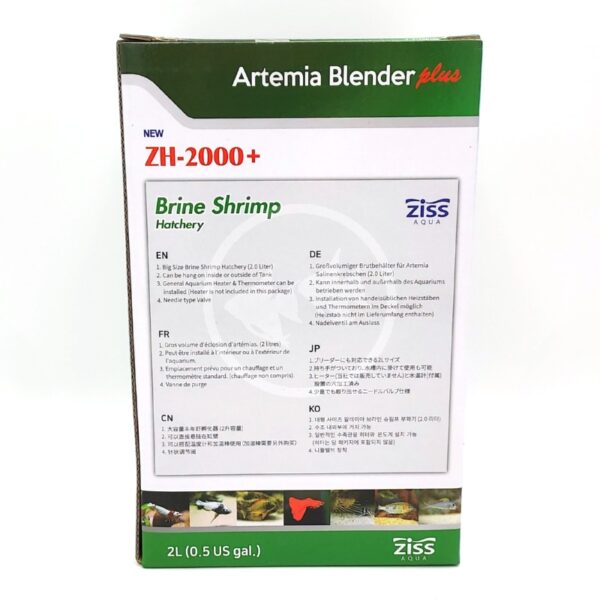 The image shows a box labeled Artemia Blender plus ZH-2000+ Brine Shrimp Hatchery by Ziss Aqua. The packaging displays product information in multiple languages and specifies a 2L (0.5 US gal.) capacity.