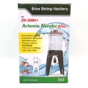 A box labeled Brine Shrimp Hatchery ZH-2000+ Artemia Blender plus features an image of the blender on a stand, water splashes in the background, and text in multiple languages.