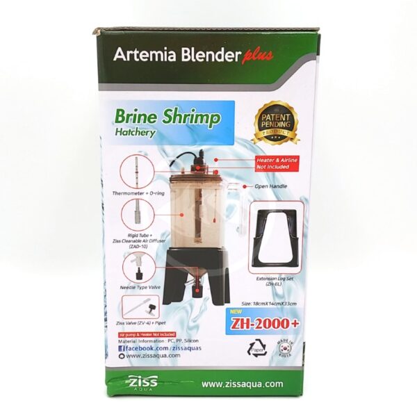 Box of the Ziss Artemia Blender Plus Brine Shrimp Hatchery, showing product image, features list, and brand logos. The box is mainly green and white with text and diagrams.