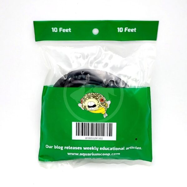 A package of aquarium tubing labeled 10 Feet with a cartoon fish logo and a barcode. The packaging is green and clear, showing the black tubing inside. Text mentions weekly educational articles from aquariumcoop.com.