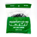 A coiled black airline tubing packaged in a clear and green bag labeled aquarium co-op AIR LINE TUBING 10 ft / 3 m. The top of the package also says 10 Feet in white text.
