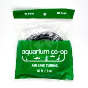 A coiled black airline tubing packaged in a clear and green bag labeled aquarium co-op AIR LINE TUBING 10 ft / 3 m. The top of the package also says 10 Feet in white text.