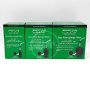 Three green aquarium co-op Easy Flow Sponge Filter boxes are displayed side by side, labeled as Nano (5 gallons), Medium (20 gallons), and Large (40 gallons), with illustrations of each filter on the front.