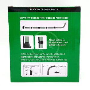 The image shows a green box labeled BLACK COLOR COMPONENTS. It describes an Easy Flow Sponge Filter Upgrade Kit with illustrated instructions and diagrams for assembling and installing the filter in an aquarium.