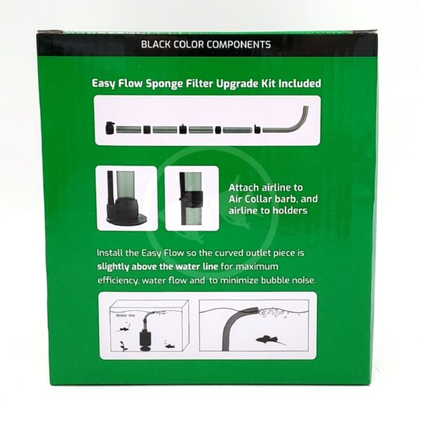 The image shows a green box labeled BLACK COLOR COMPONENTS. It describes an Easy Flow Sponge Filter Upgrade Kit with illustrated instructions and diagrams for assembling and installing the filter in an aquarium.