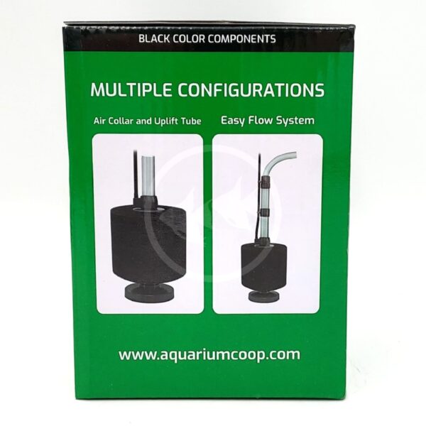Green product box with MULTIPLE CONFIGURATIONS in white text, images of two black sponge filters with different tube setups, and the website www.aquariumcoop.com at the bottom.
