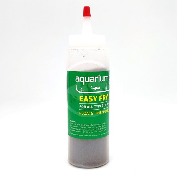 A plastic squeeze bottle labeled aquarium EASY FRY FOOD with a red-tipped nozzle, containing fish food for all types of fry. The label is green with yellow and white text.