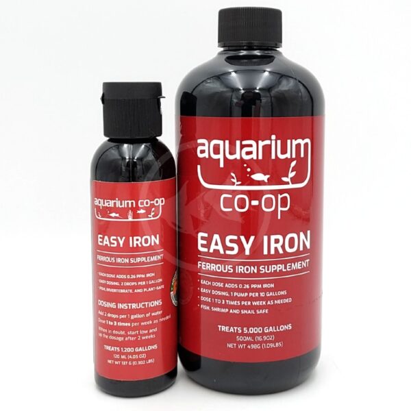 Two black bottles of Aquarium Co-Op Easy Iron ferrous iron supplement for aquariums, featuring red labels with white text and aquatic graphics. The bottles are different sizes and placed side by side.