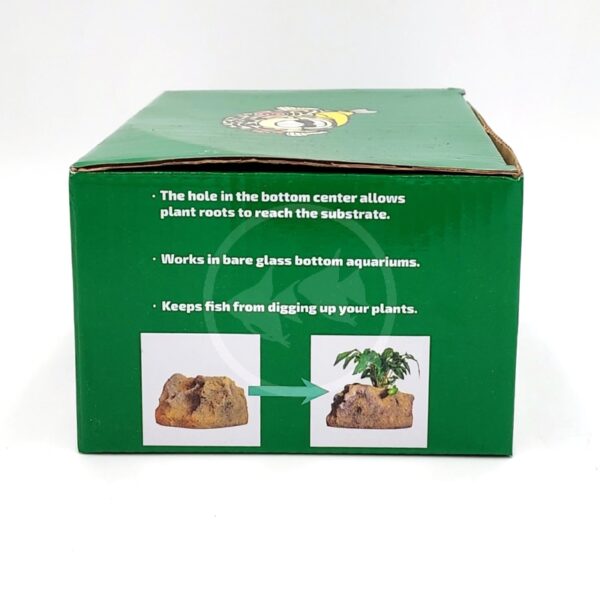 A green box shows product features with white text and two images: the left image shows a rock-like object, and the right image shows the same object with a plant growing from it.