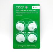 A green package labeled Easy Shrimp and Snail Shells contains four white shell discs. The packaging highlights their use as invertebrate food and a calcium source, and states 4 Pack at the top right.